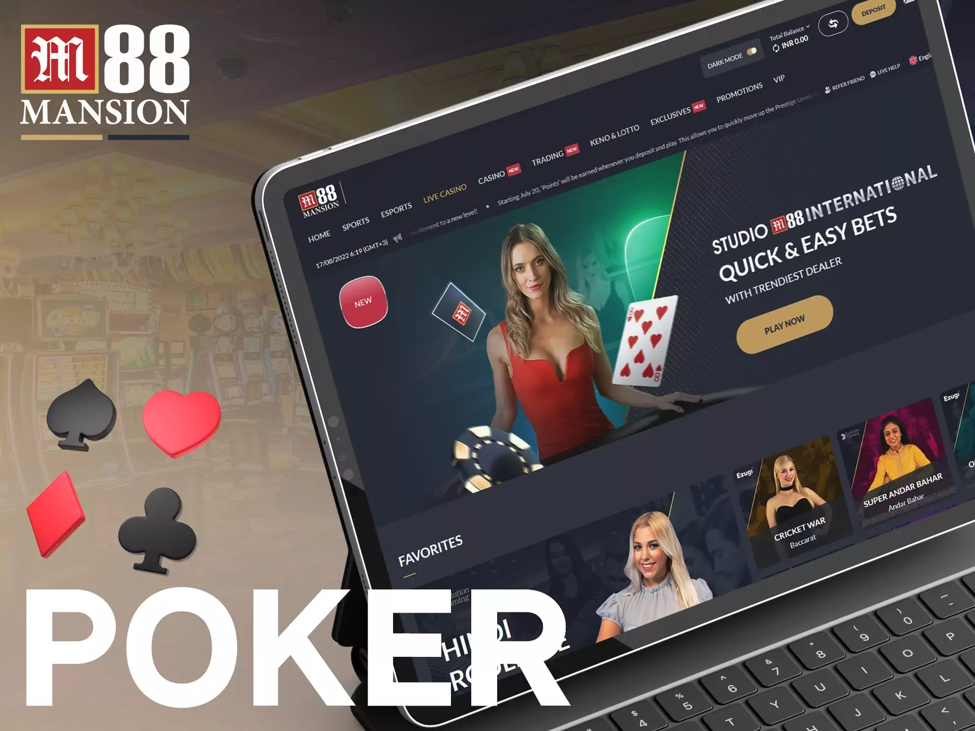 You can play poker with a real dealer in the FUN88 Live Casino room.